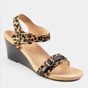 VIONIC Noble Laurie Animal Print Calf Hair Leather Wedge Heel Sandals